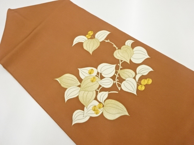 金駒刺繍塩瀬実に葉模様織出し名古屋帯